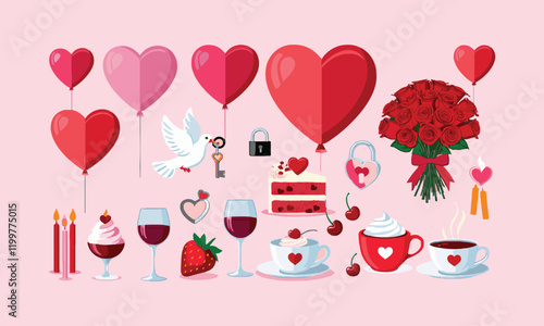 Vector illustration of Valentine's Day elements on a pastel pink background, easily editable.