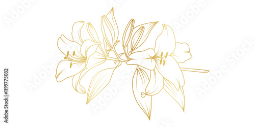 Golden lily flowers line art isolated on white background. Luxury lilies floral design elements for invitation, wedding, wallpaper, print template, vector illustration