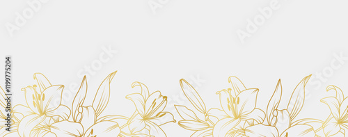 Luxury gold lily flowers background. Floral pattern tropical in line art style for greeting, invitation, wedding card, wall art, wallpaper and print. Vector illustration
