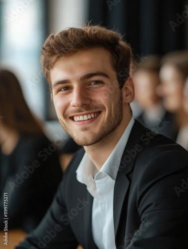 A young man with a friendly smile, confidently posing in his office environment.