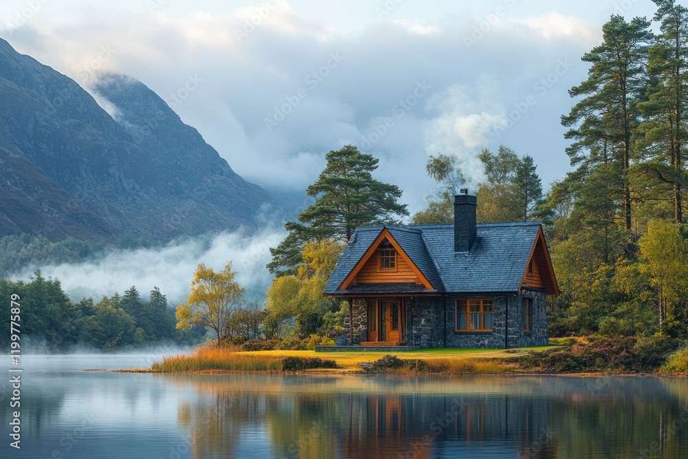 Fototapeta premium Secluded cabin, misty lake, majestic mountains.