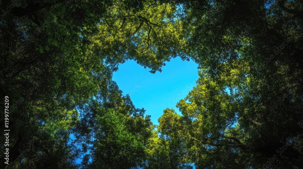 Fototapeta premium A heart shaped tree in the center of a forest with clear blue sky in background.