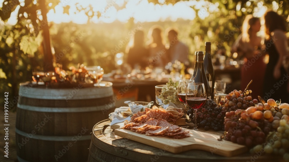 Fototapeta premium Salami, Grapes, and Wine on a Rustic Table at Sunset