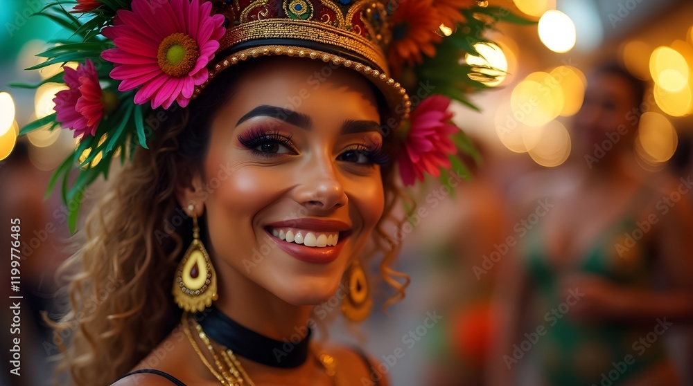 Vibrant Person with Feathered Headdress and Colorful Face Paint at Lively Event Vibrant Person with Feathered Headdress and Colorful Face Paint at Lively Event