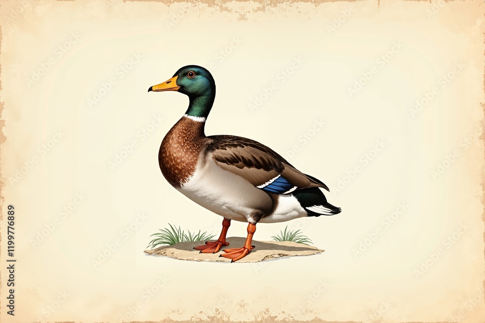 Obraz premium This vintage duck illustration showcases a beautiful, detailed depiction of a mallard duck, perfect for art lovers and collectors alike.