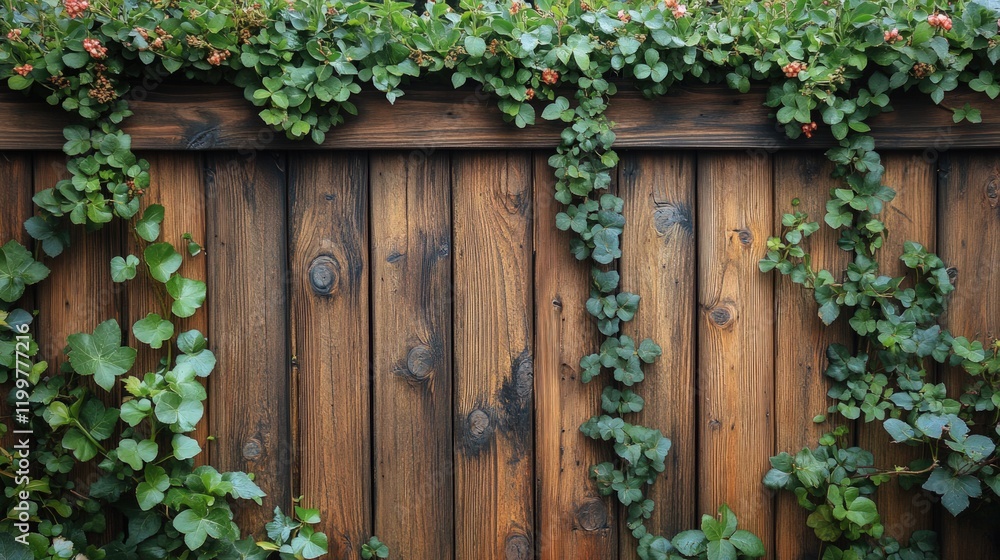 Green vines climb rustic wooden fence. Green vines climb rustic wooden fence.