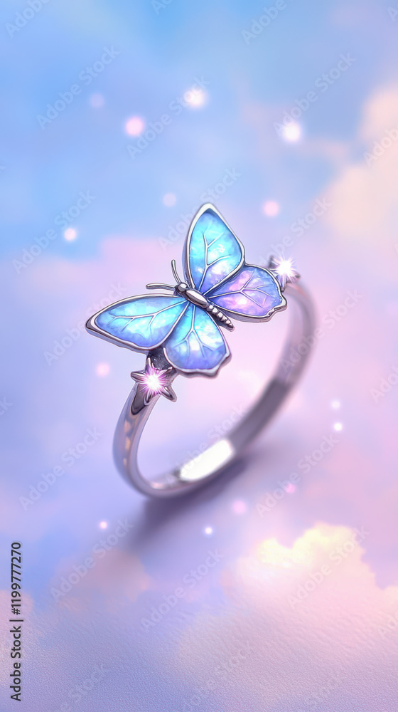 Fototapeta premium stunning silver ring featuring butterfly design with iridescent wings, surrounded by sparkling stars, evokes sense of whimsy