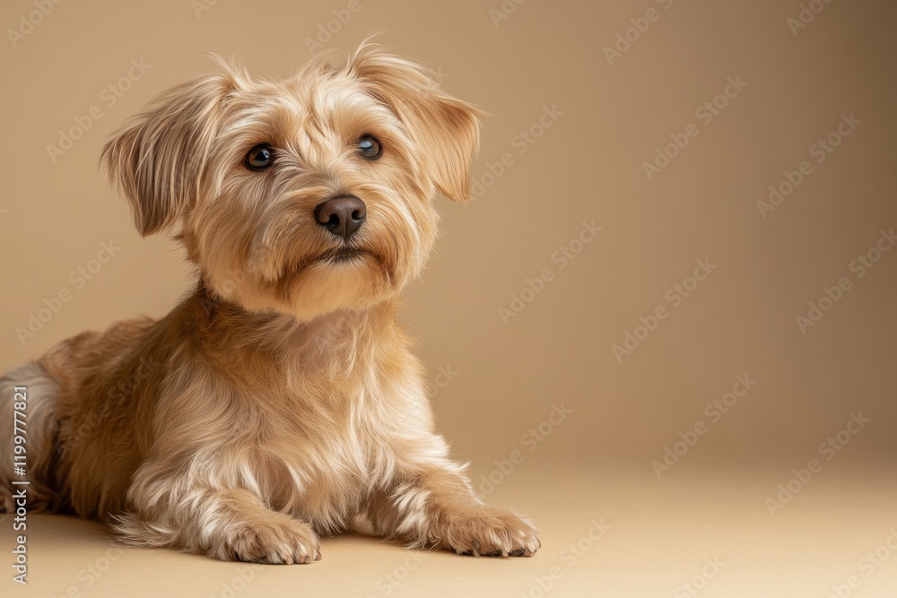 Cute small dog posed on a neutral background showcasing its fluffy fur and expressive eyes Cute small dog posed on a neutral background showcasing its fluffy fur and expressive eyes
