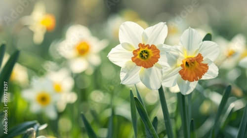 White daffodils blooming in spring meadow, sunlight