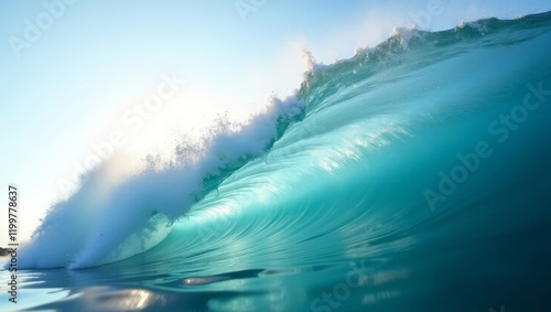 Powerful ocean wave breaking with a turquoise barrel. Ideal for surfing, water sports, and nature themes photo