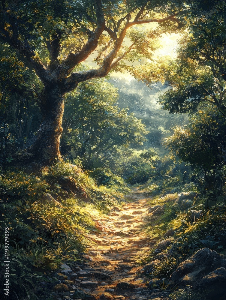 Obraz premium A sunlit path winds through a lush forest. Ideal for fantasy art, book covers, or nature-inspired designs. Evokes feelings of tranquility and adventure.