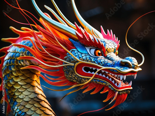 Closeup colorful Chinese dragon face in the Chinese New Year. photo