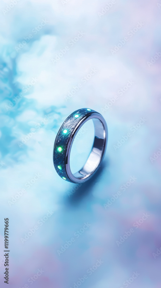 silver ring with glowing neon dots, set against dreamy background silver ring with glowing neon dots, set against dreamy background