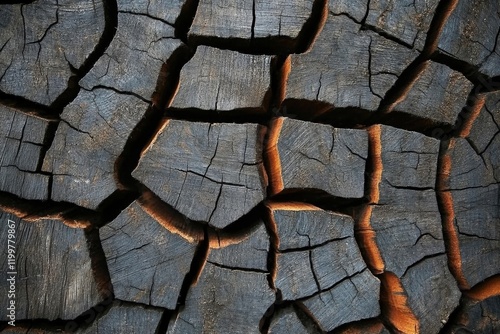 Close-up view of cracked dry earth showing intricate texture and patterns of dark brown and grey hues.  Arid landscape, drought conditions, harsh envi photo