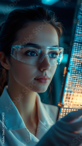 Female scientist examining glowing DNA sequencing gel in modern laboratory, conducting genetic research photo