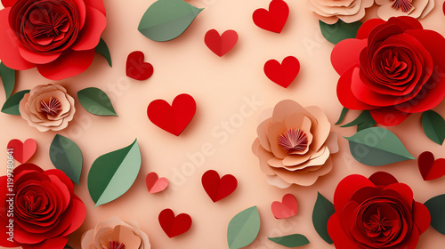 Delicate 3D paper-cut design featuring red flowers and hearts on a soft peach-colored background, arranged in an elegant flat lay composition, ideal for celebrating love, romance, and artistic craftsm photo