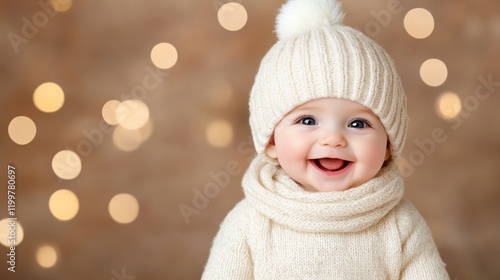 Happy baby wearing cozy winter clothing. photo