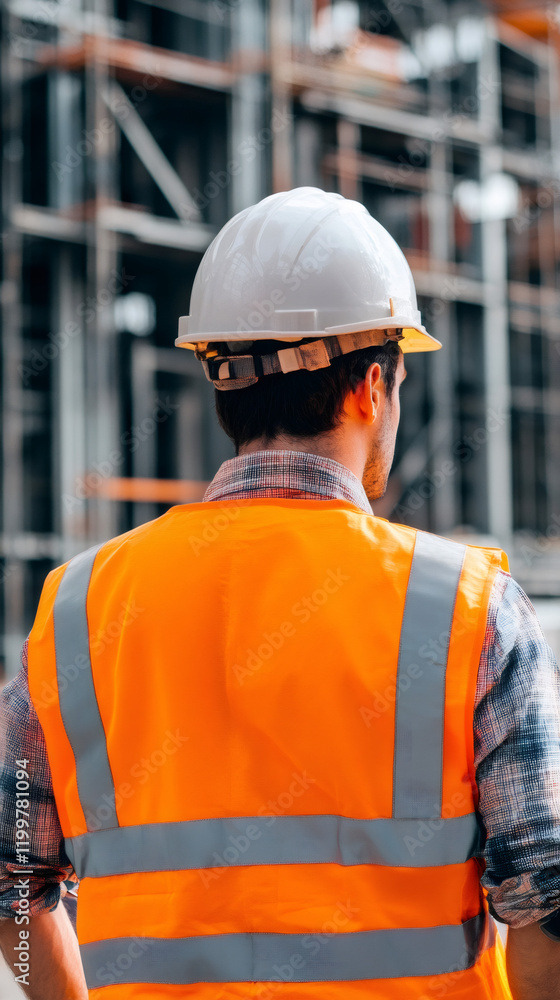 Construction professional checking building progress, wearing protective gear at active development site Construction professional checking building progress, wearing protective gear at active development site