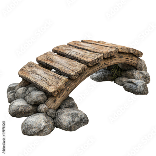 Rustic Wooden Bridge Over Stones Isolated on transparent background photo