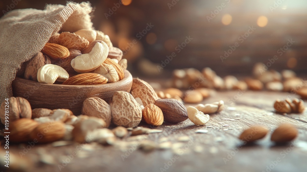 Fototapeta premium Pile of nuts on brown surface.
