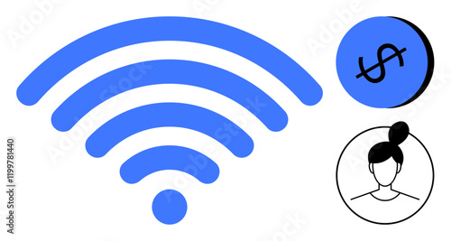 Central blue wireless signal, dollar sign in blue circle, and female profile in black circle. Ideal for technology, finance, internet access, communication, consumer behavior, innovation digital