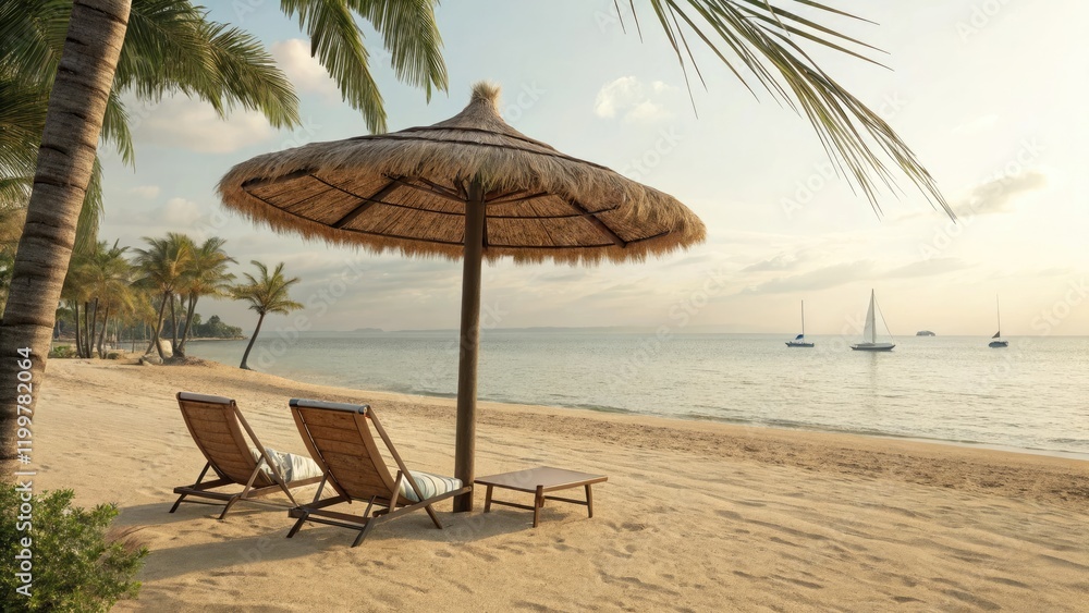 Obraz premium Beachfront with sun loungers under a straw umbrella