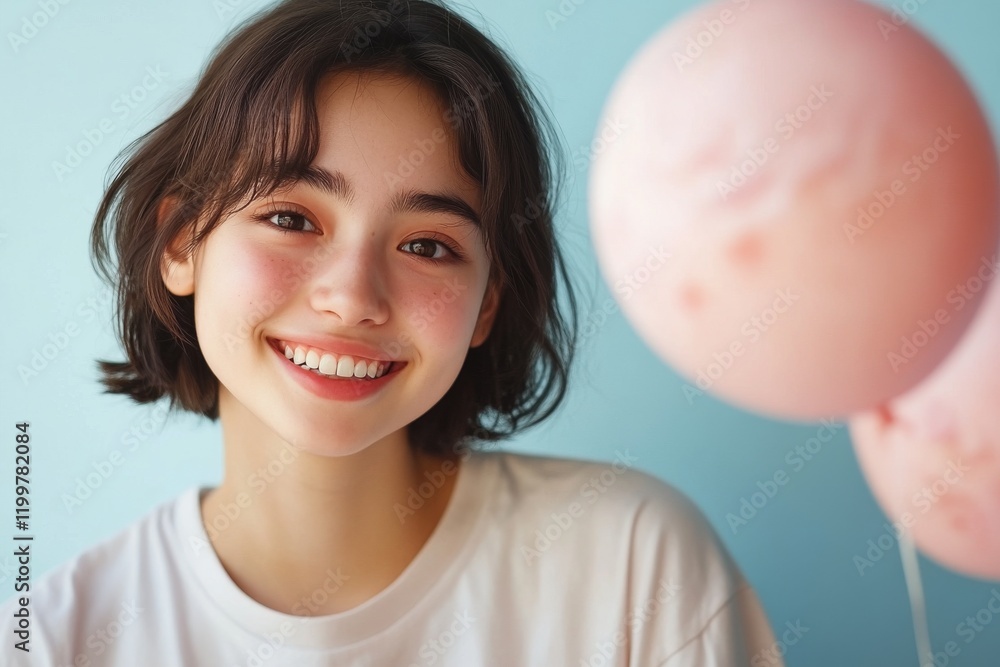 Joyful young woman smiling with pastel balloons against a light blue background Joyful young woman smiling with pastel balloons against a light blue background
