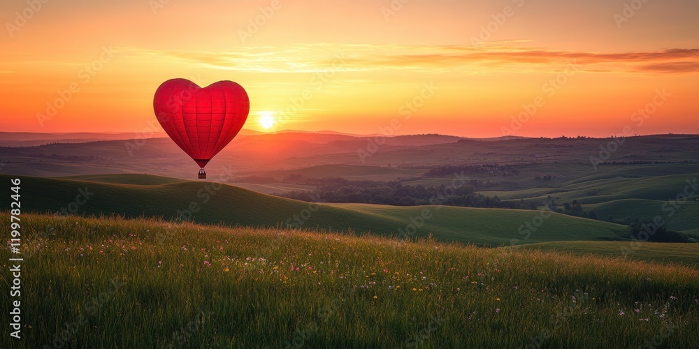 Fototapeta premium A scenic countryside sunrise, with a heart-shaped hot air balloon rising over rolling green hills. T