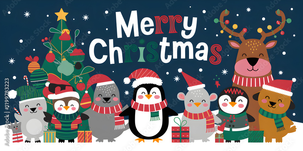 Fototapeta premium Quirky Holiday Animals Merry Christmas Card