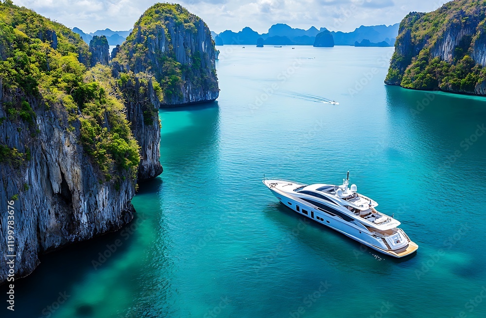 Fototapeta premium Luxurious Yacht Sailing Through Crystal-Clear Turquoise Waters Along a Scenic Cliffside – Aerial Travel Photography
