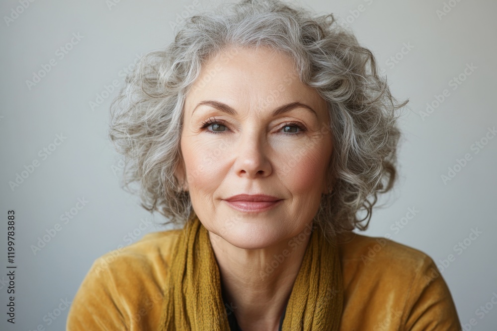 Mature woman with curly gray hair wearing a yellow sweater poses for a portrait against a neutral background Mature woman with curly gray hair wearing a yellow sweater poses for a portrait against a neutral background
