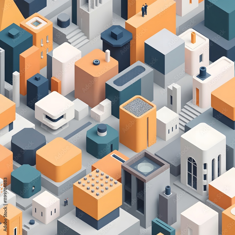 Abstract Isometric Cityscape in Orange and Teal Abstract Isometric Cityscape in Orange and Teal