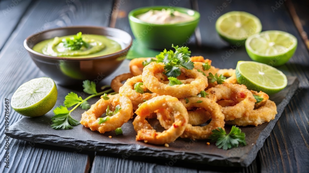 Crispy calamari with creamy avocado dipping sauce and lime wedges, plated on black slate with soft natural light Crispy calamari with creamy avocado dipping sauce and lime wedges, plated on black slate with soft natural light