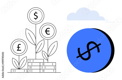 Stylized plants growing from money stacks with currency symbols dollar, euro, pound on left, large dollar sign in blue circle with cloud on right. Ideal for finance, investment, global economy