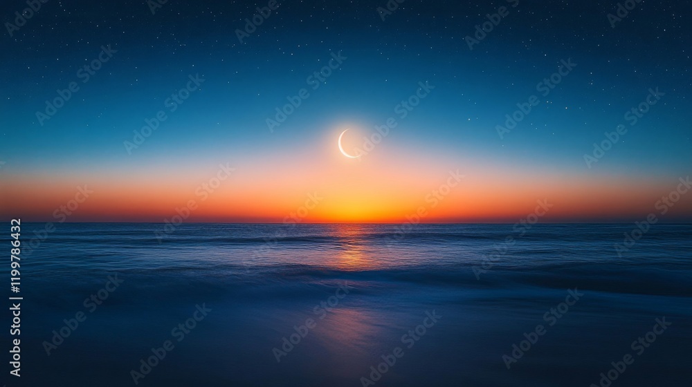 Fototapeta premium Serene Sunset Ocean Scene With Crescent Moon And Stars