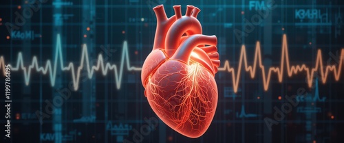 Human heart illustration with heartbeat graph in medical background.