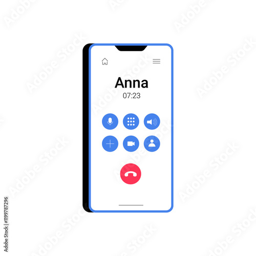 Smartphone Displaying A Call Interface With Buttons And Timer In Flat Vector Illustration Symbolizing Communication, Connectivity, And Technology, Isolated On White Background.