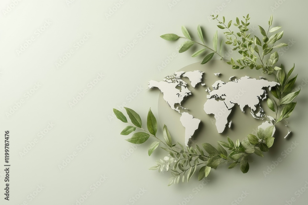 World map surrounded by green leaves representing environmental awareness and sustainability efforts globally World map surrounded by green leaves representing environmental awareness and sustainability efforts globally