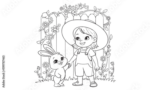 Garden Friendship Coloring Page for Kids Girl with Bunny and Flowers