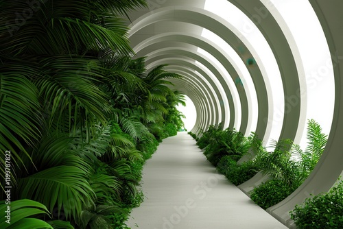 Eco-friendly garden greenery walls in an urban setting Lush green corridor with circular architectural design.