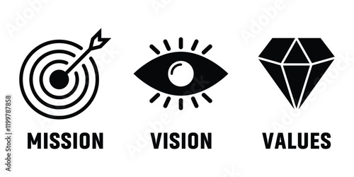 Mission, Vision and Values of company in modern flat design. Business concept. Mission vision values flat icons for company presentation.