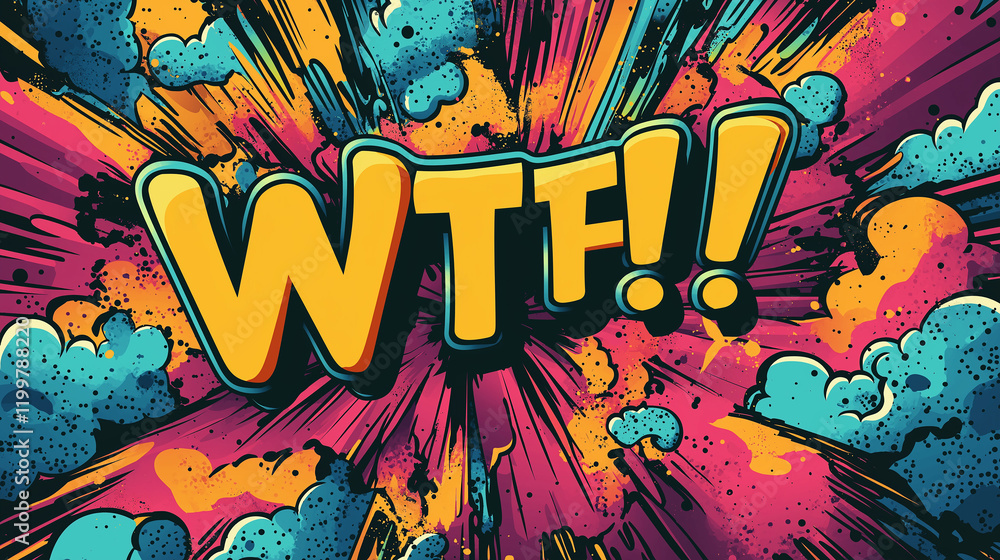 Fototapeta premium Pop art WTF! text. Colorful background in pop art retro comic style. 