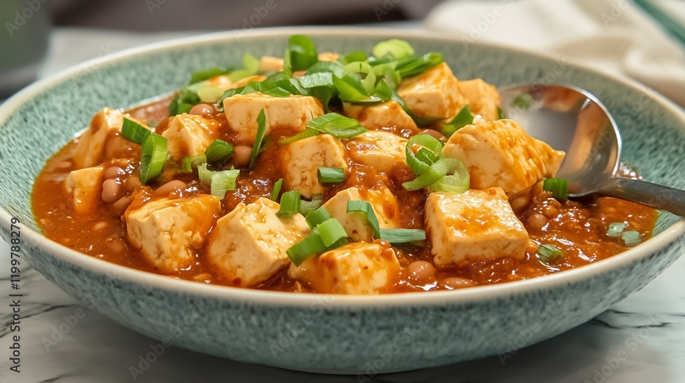 Bowl of mapo tofu silky tofu cubes in a spicy chili bean sauce garnished with green onions Bowl of mapo tofu silky tofu cubes in a spicy chili bean sauce garnished with green onions