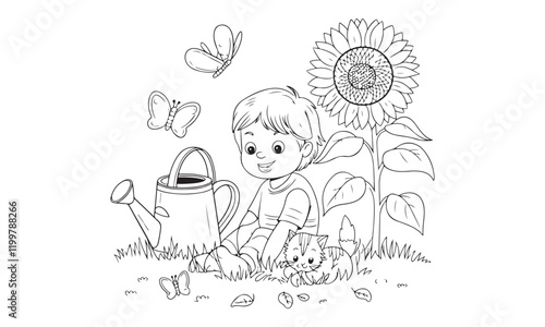 Garden Fun Coloring Page for Kids Boy, Kitten, Sunflower, and Butterflies