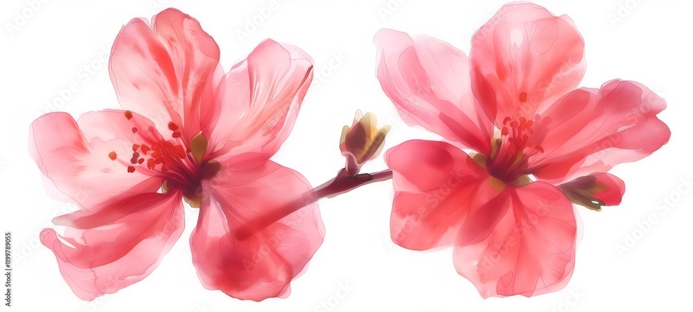 Pink flowers branch, spring bloom, white background, nature design. Pink flowers branch, spring bloom, white background, nature design.