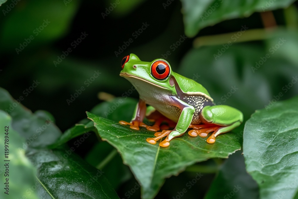 Red-eyed tree frog perched on a vibrant green leaf. Red-eyed tree frog perched on a vibrant green leaf.