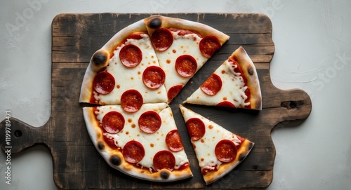 A pepperoni pizza on a wooden cutting board with a slice missing photo