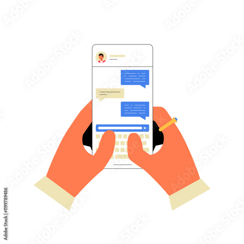 Hands Holding A Smartphone With Messaging Interface In Flat Vector Illustration Symbolizing Communication, Interaction, And Digital Messaging, Isolated On White Background.