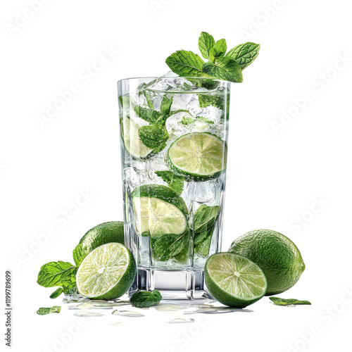 Fresh Mojito with Lime and Mint in Clear Glass Isolated on transparent background