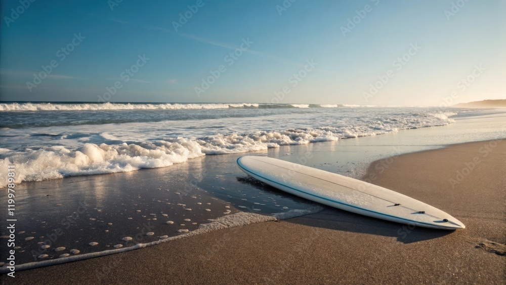 Fototapeta premium Surfboard on the beach with gentle waves